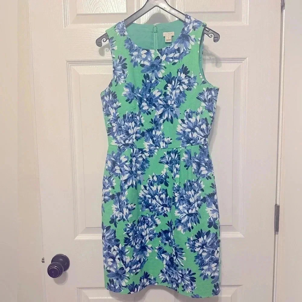 Women's J. Crew Green Blue Floral Fit & Flare Dress Size 0